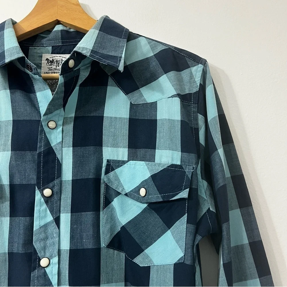 Levi’s Button Up Shirt Men S Western Pearl Snap Blue Plaid Cotton Cowboy Rodeo